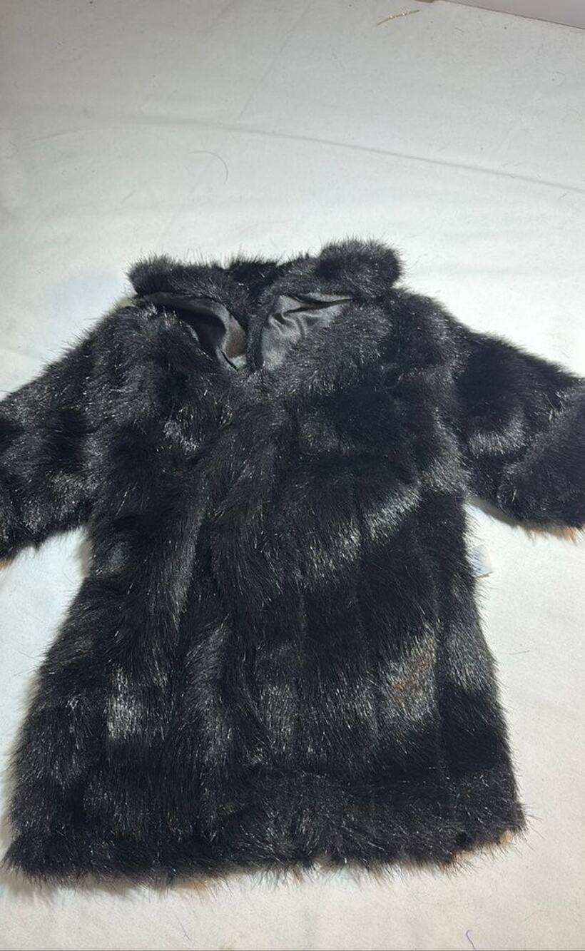 Vintage Carousel Doll Faux Fur Coat Wall Hanging, Black, 1980s